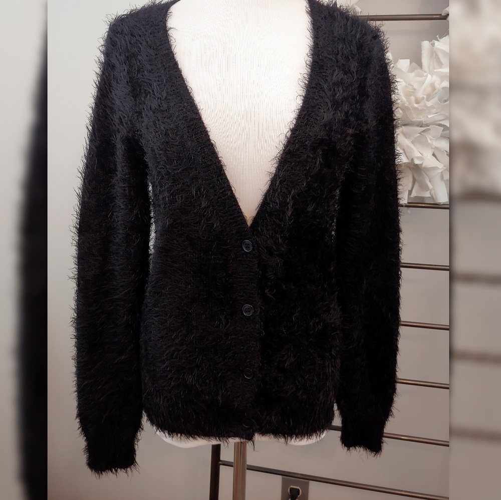 Wild Pearl Black Fuzzy Cardigan